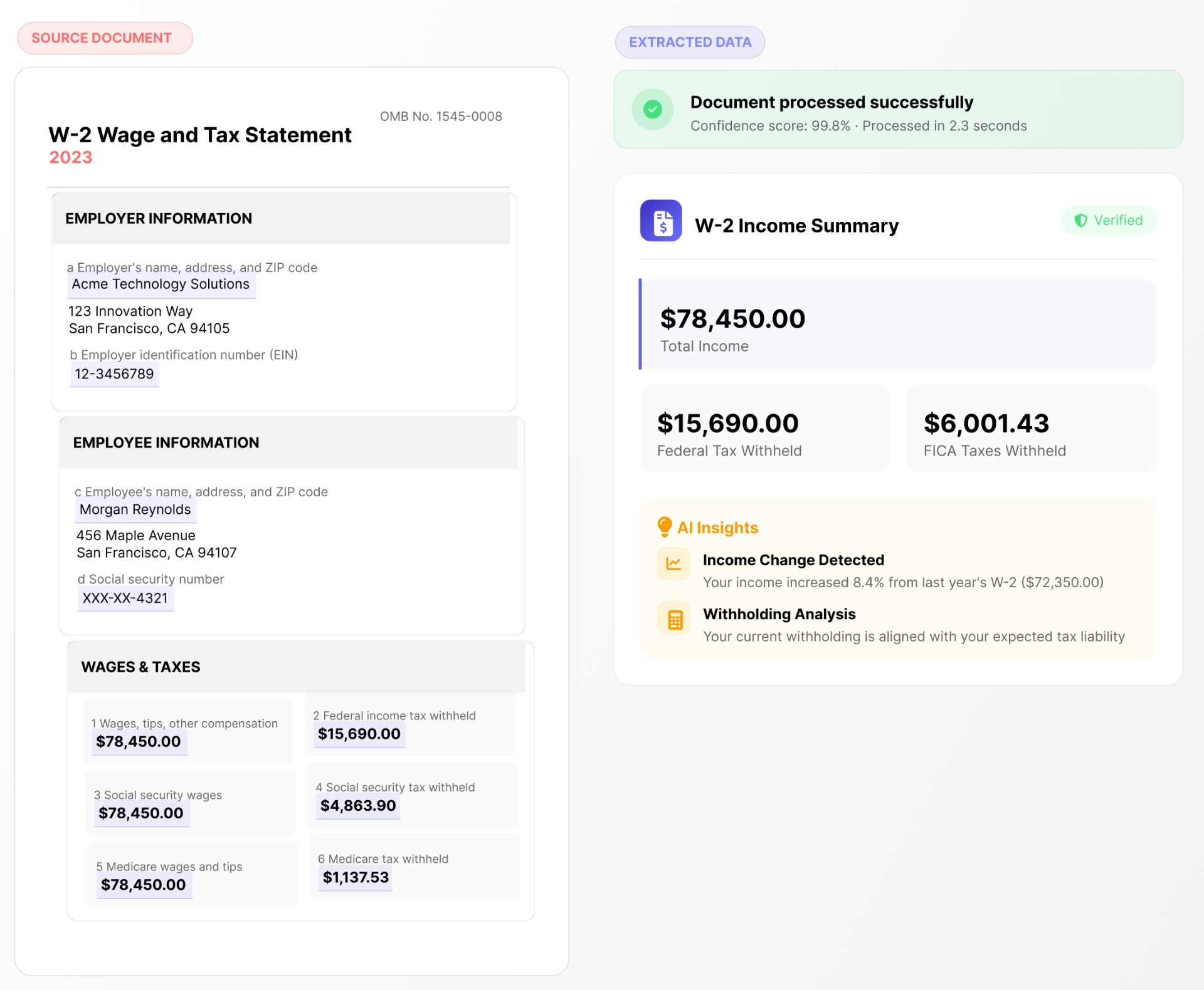 W-2 document processing showing source document on left and extracted data summary on right with AI insights
